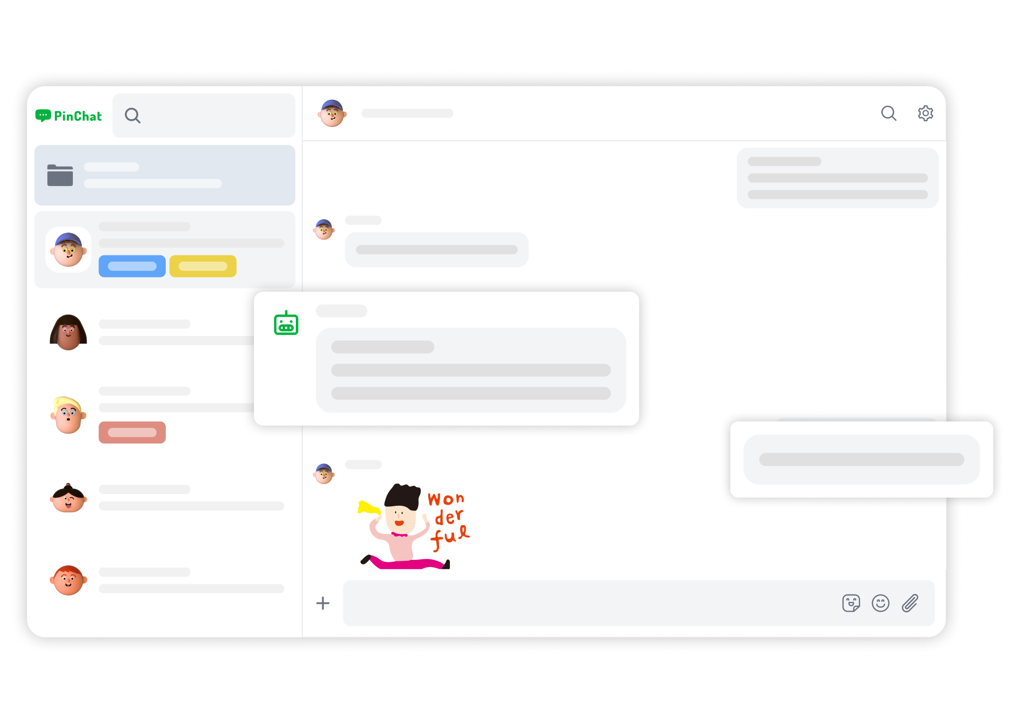 PinChat business messaging interface with conversations and stickers